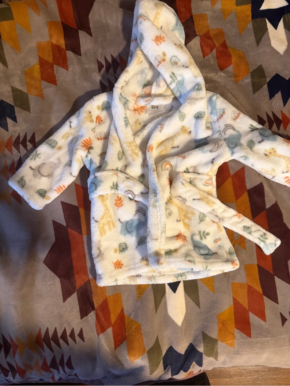 Carter's White Plush Hooded Kids Robe with Multi-Color Animal Prints